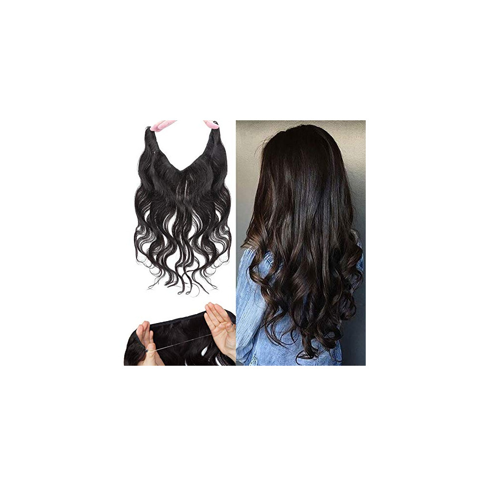Unisex Black 20 Inch Natural Wavy Halo Hair Extensions Real Human Hair With Clips Seamless Blend