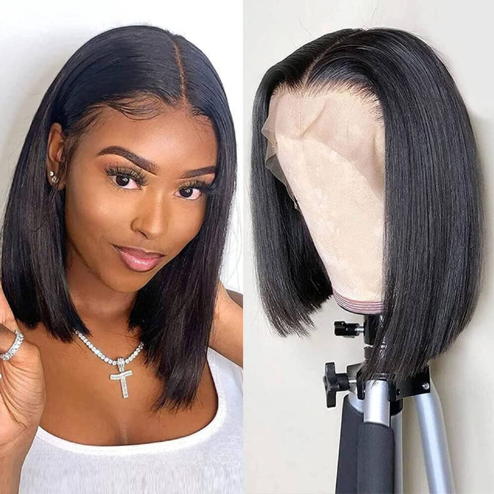 Human Hair Lace Front Wig 14 Inch Straight Bob Pre Plucked Brazilian Remy 150% Density
