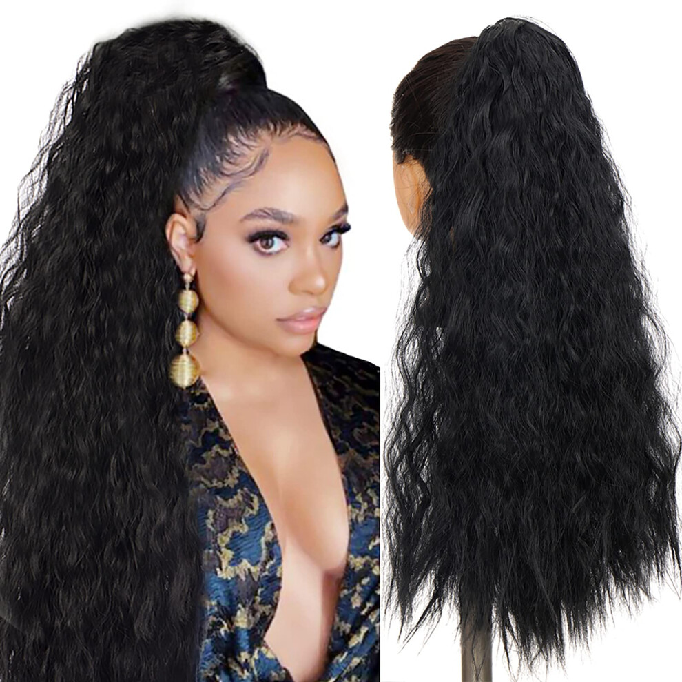 Unisex Black Long Kinky Curly Ponytail Extension 22 Inch For Women With Secure Clip And Drawstring