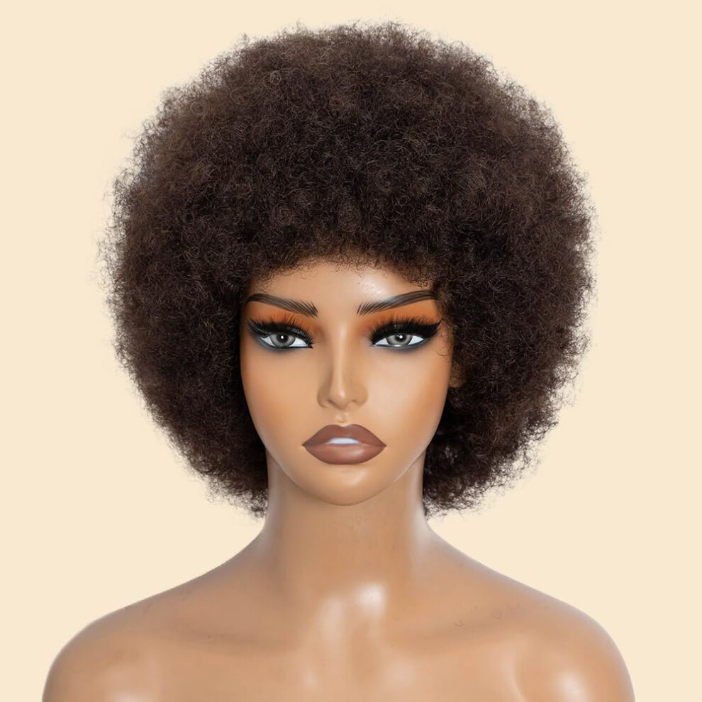 Unisex 10 Inch Afro Kinky Curly Human Hair Wig Color 2 With Natural Volume And Adjustable Fit