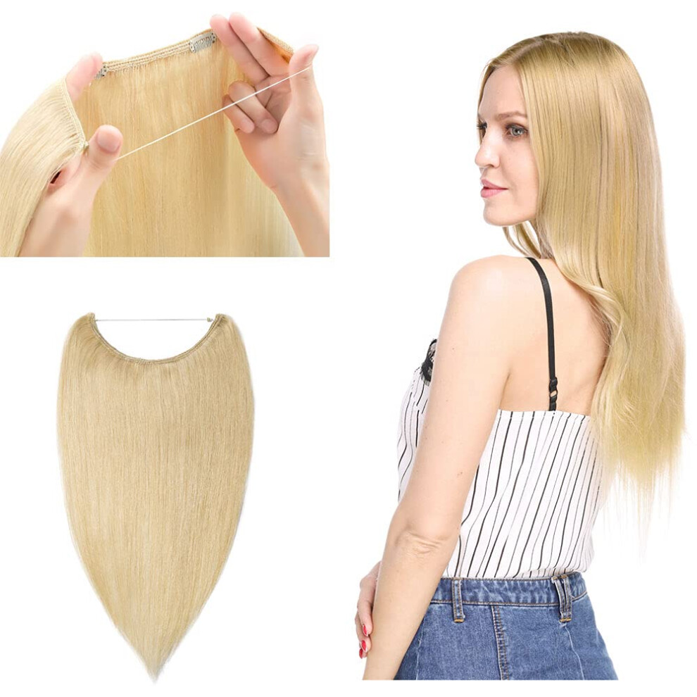 Unisex #613 Bleach Blonde Human Hair Extensions 16 Inch One Piece Wire Halo For Instant Length Boost
