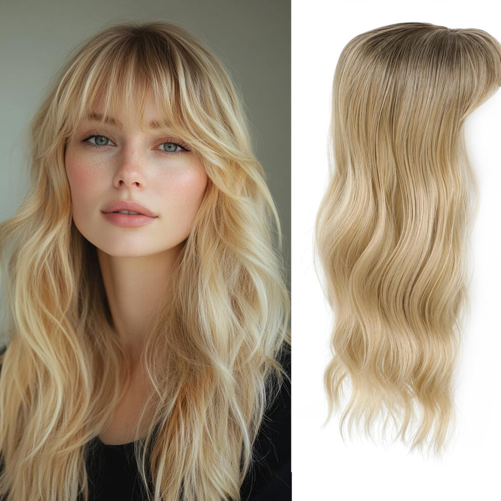 Unisex Gray Hair Topper For Women With Thinning Hair, 20 Inch Wavy Clip In Bangs Hairpiece, Champagne Blonde