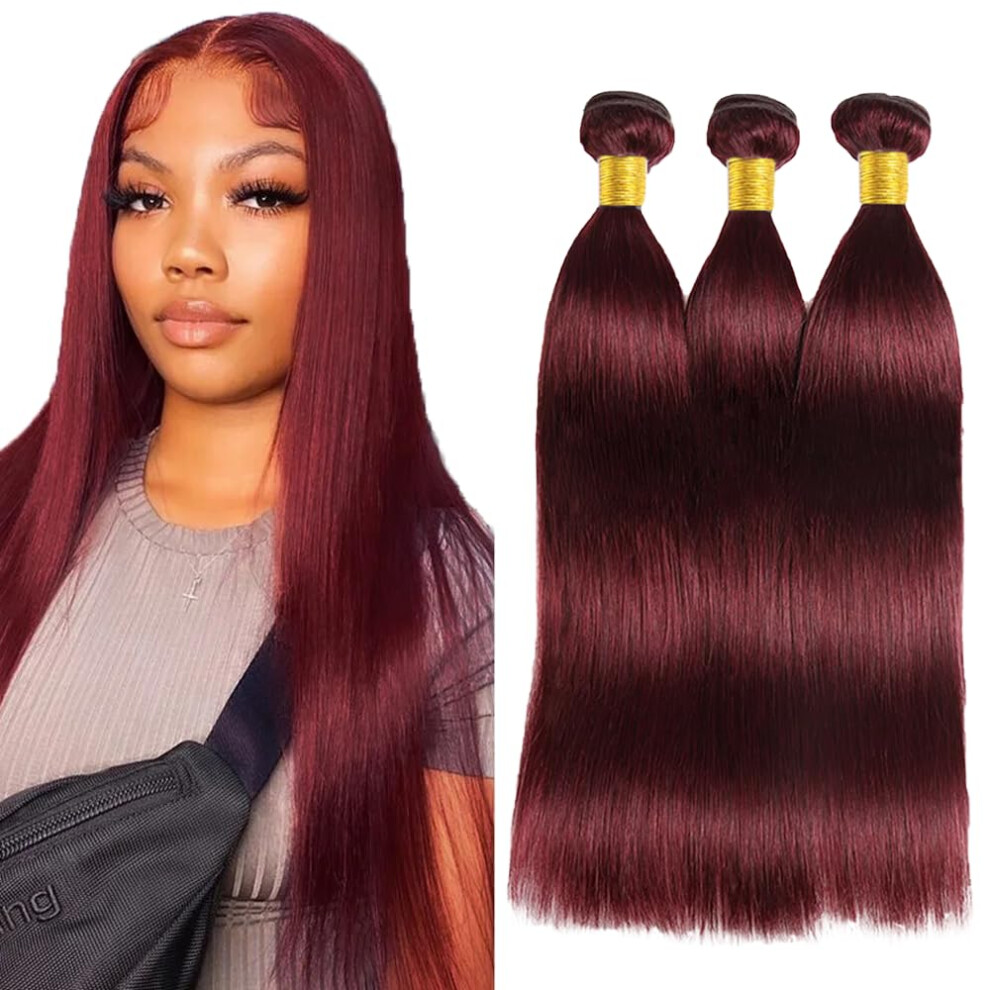 99J Burgundy Straight Brazilian Virgin Hair Bundles 30 32 34 Inch Human Hair Extensions