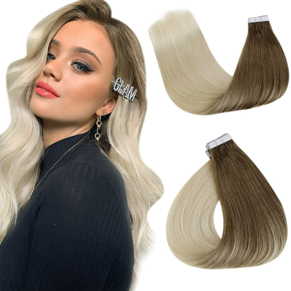 Unisex Brown,Silver Tape In Remy Human Hair Extensions Ombre Blonde Balayage Light Brown To Platinum 22 Inch 20Pcs