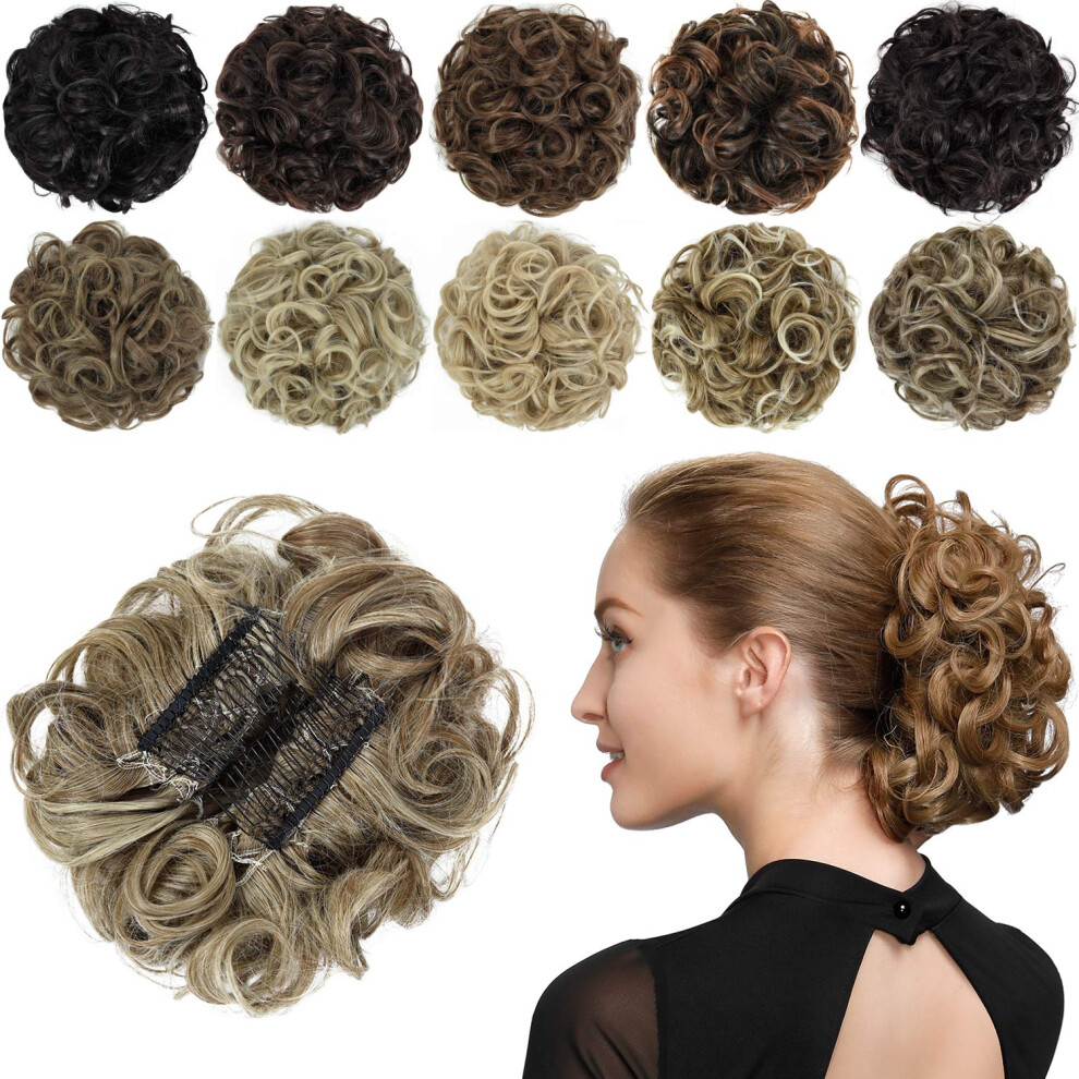 Unisex Brown Chignon Hairpiece Messy Bun Extension With Dual Combs Light Blonde Mixed Curly Updo