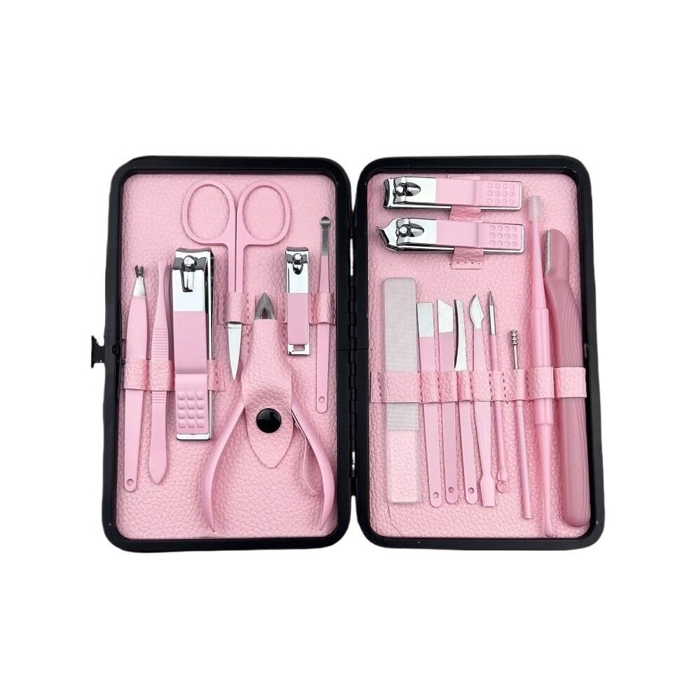 Pink Manicure Set 18Piece Carbon Steel Nail Clippers Kit With Travel Case For Precise Nail Care