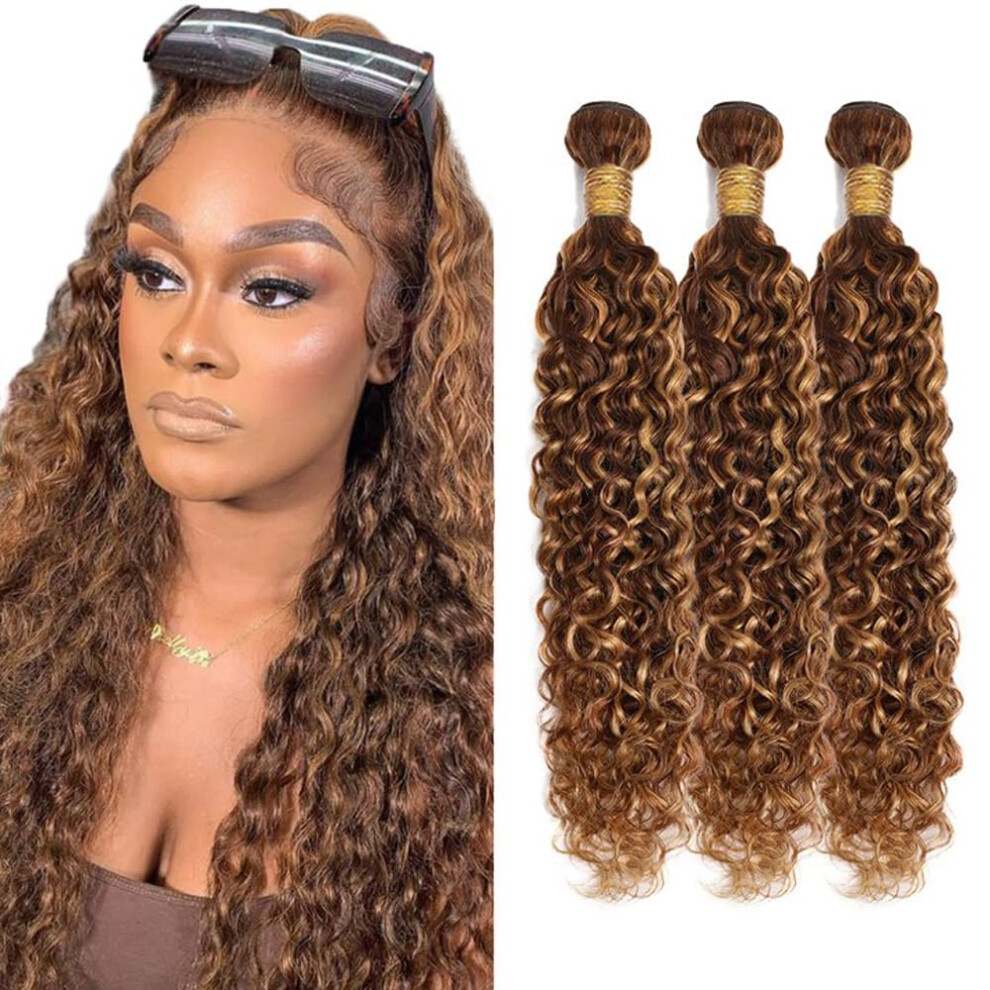 P4/27 Highlight Water Wave Human Hair Bundles Brazilian Virgin Hair Extensions 12 14 16 Inch