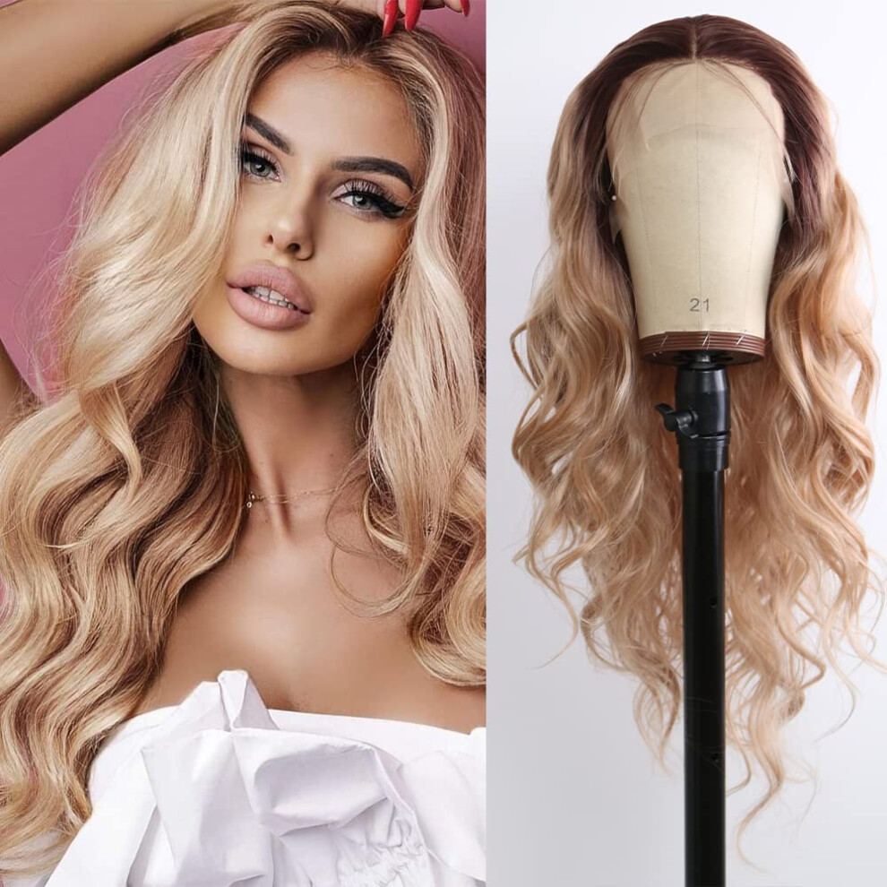 Unisex Brown Ombre Honey Blonde Lace Front Wig Heat Resistant Synthetic Curly Long Hair Natural Hairline