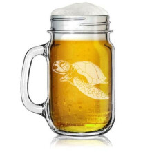 Caneca de vidro Mason Jar de 473ml com alça, estampa de tartaruga nadando.