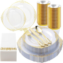 Piatti di plastica oro trasparente per 25 ospiti, compatibili con decorazioni eleganti, 25 piatti da cena e da dessert, 75 posate, 25 tazze,