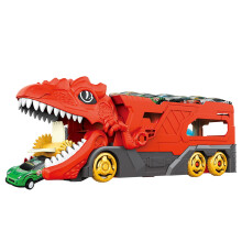 Twfbrm LKW-Spielzeug für Kinder, 3 Rennstrecken in verschiedenen Größen & 4 Die-Cast-Autos, Dinosaurier mit Rennstrecken-Transporter, kompatibel