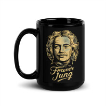 Taza negra brillante con diseño vintage de Karl Jung, "Forever Jung: Un psicoanalista divertido" (444 ml)