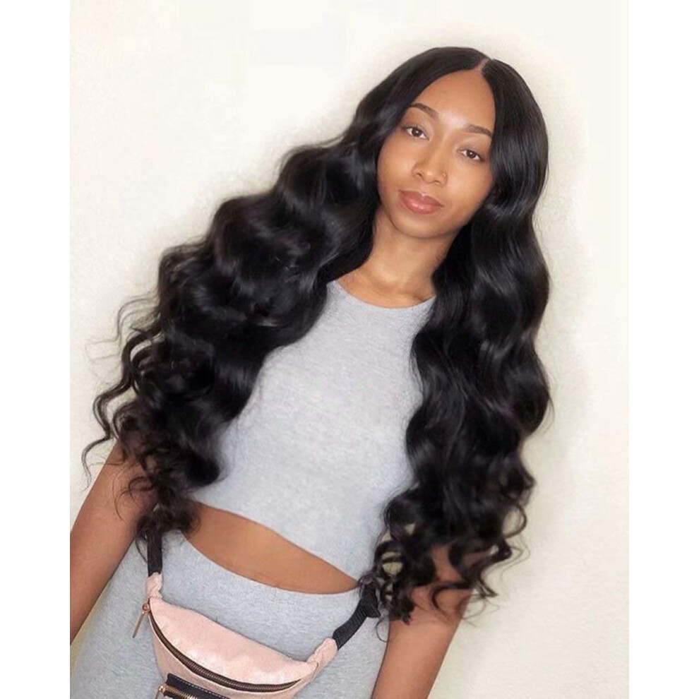 Unisex 24 Inch 4X4 Lace Closure Wig Virgin Remy Human Hair Body Wave Wig Natural Color 1B