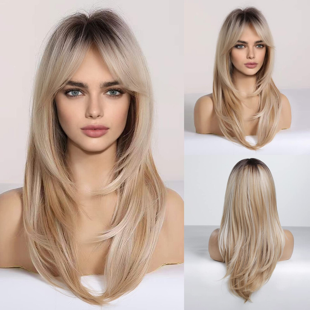 Unisex Blonde Wigs Long Curly Bangs Shoulder Length Heat Resistant Synthetic Wig With Natural Ombre