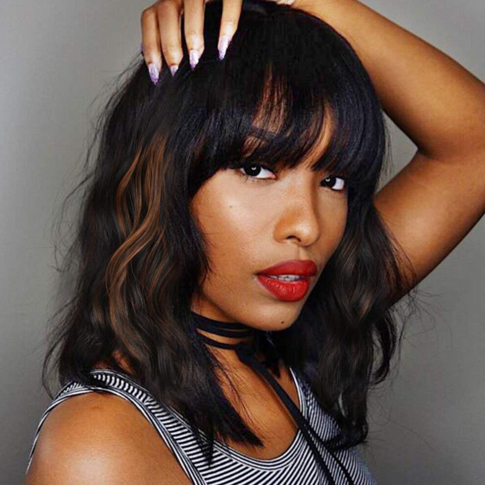 14 Inch Human Hair Wig with Bangs Color 27, Natural Shoulder Length, Ready to Wear