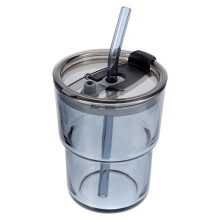 Copo de vidro para café, chá com leite, copo para bebidas, copo para água com tampa e canudo.