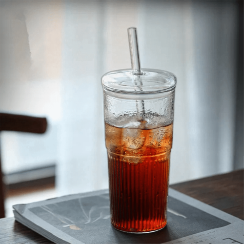 600ml γυάλινο φλιτζάνι γάλα καφέ φλιτζάνι με καπάκι και καλαμάκι διαφανές ριγέ 1