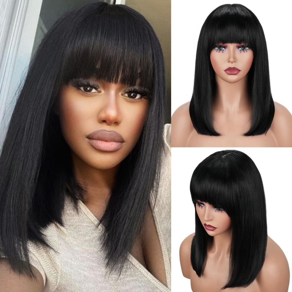 Unisex Black Human Hair Wigs With Bangs Brazilian Glueless Short Straight Bob Wig 180 Density For Women 14Inch