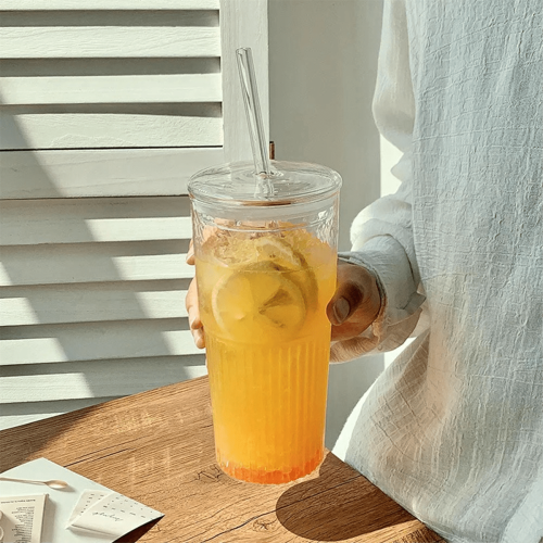 600ml γυάλινο φλιτζάνι γάλα καφέ φλιτζάνι με καπάκι και καλαμάκι διαφανές ριγέ 2