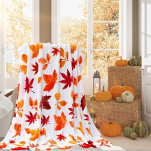 Pamqxs Thanksgiving Decorations, Fall Garland, Autumn Plush Blanket, Pumpkin Holiday Wool Plush Picnic Blanket, Orange Leaf Home Decor