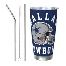 Thermos in acciaio inox da 20 once con coperchio e cannuccia, a tema squadra di football dei Cowboys, compatibile con portabicchieri per auto, per