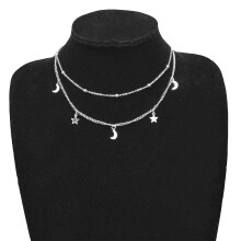 Chic Moon Star Tassel Charm Double Layer Chain Choker Halskæde Kvinder Smykker