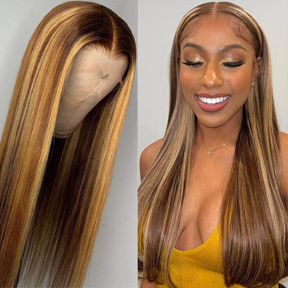 24 Inch Human Hair Lace Front Wig Brown Honey Blonde Ombre Straight Brazilian Virgin Hair 150 Density Pre Plucked Natural Hairline