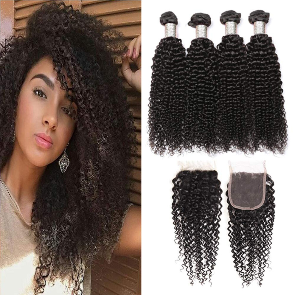 Unisex Black Brazilian Kinky Curly Virgin Human Hair Bundles With 4X4 Lace Closure Natural Extensions