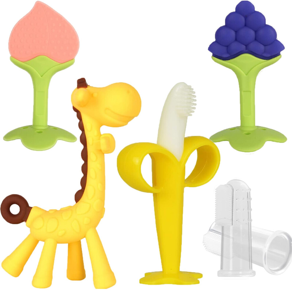 Baby Teething Toys, Silicone BPA-Free Teethers for Sore Gums, Banana & Giraffe Shapes with Finger Toothbrush, Compatible with Baby Care Needs