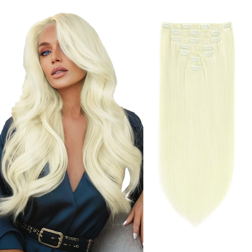 Clip in Remy Human Hair Extensions 16 Inch #613 Lightest Blonde 7pcs Thick Straight Set