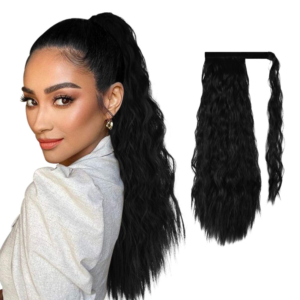 Unisex Ponytail Extension 20 Inch Long Corn Wave Wrap Around Heat Resistant Synthetic Hairpiece 1B