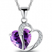 Colar feminino com pingente de coração em strass roxo, joia charmosa para presente.