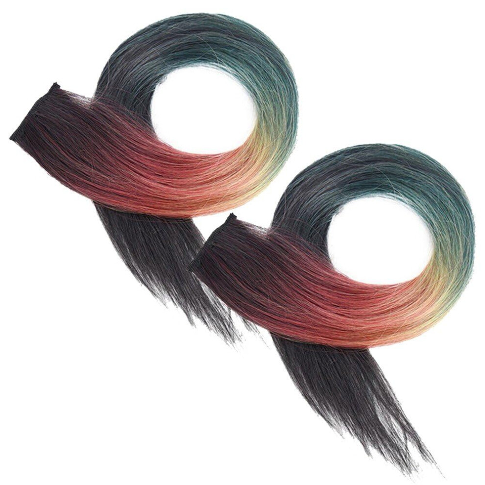 Unisex Rainbow Clip In Hair Extensions Straight Colorful Hairpiece Instant Highlights Gift Set 2Pcs