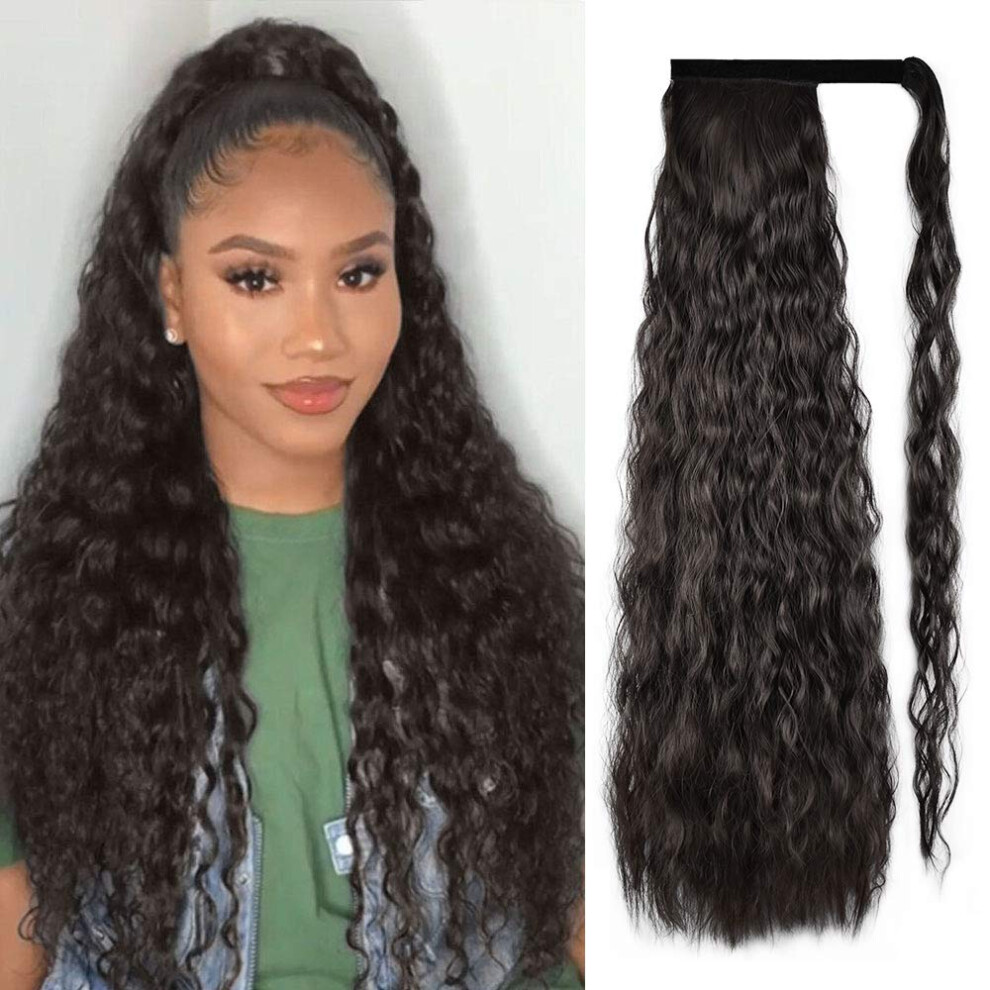 Ponytail Hair Extension Long Curly Wrap Around Synthetic Hairpiece Natural Black 28 Inch