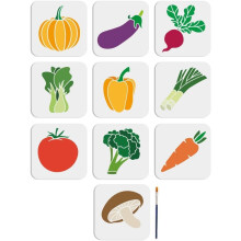 US 1 Set PET Hollow Out Drawing Painting Stencils with 1Pc Art Paint Brushes for DIY Scrapbook Photo Album Vegetables 150x150mm 10pcs/set