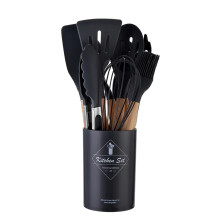 Conjunto de 12 utensílios de cozinha de silicone com balde de armazenamento, cabo de madeira resistente a altas temperaturas e antiaderente,