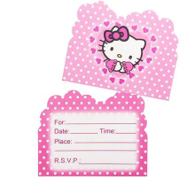 Cartes d'invitation pour une fête d'anniversaire Hello Kitty Kuromi de Sanrio - Décorations pour une fête d'anniversaire avec un chat rose -