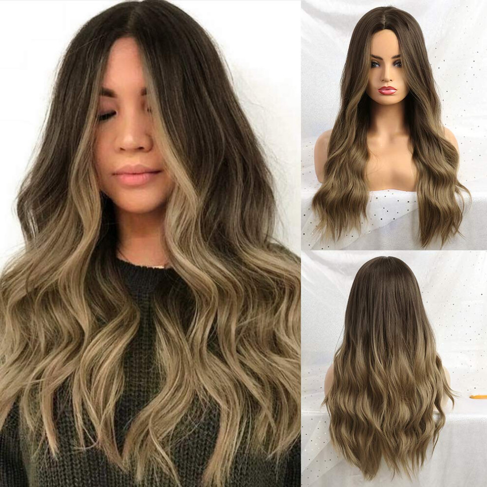 Unisex Brown Long Wavy Synthetic Wig Ombre Middle Part Natural Look Heat Resistant Fiber For Women