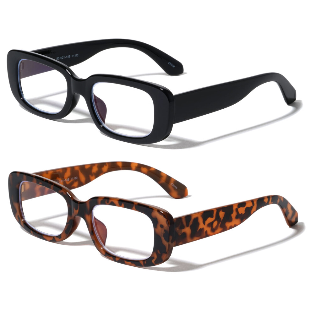 2 Pairs Women Rectangular Blue Light Blocking Reading Glasses Retro Bold Clear Lens Reader +1.25