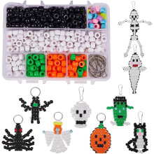 1 Box DIY Make 9PCS Halloween Theme Bead Pets Kit 8mm Pony Beads Assortment Box Set with Keychain, Keyring & Lanyard Clips, Instruction