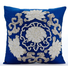 Capa de almofada azul royal 45x45cm com lantejoulas e miçangas em formato de flor turca, almofada decorativa de seda, estilo art déco floral,