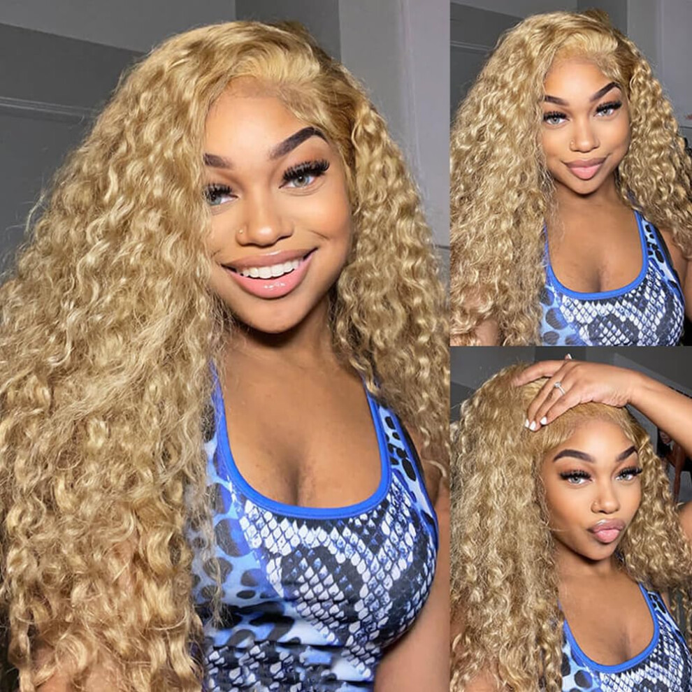 Unisex Honey Blonde Curly Lace Front Wig Human Hair 13X4 Hd Preplucked Hairline Glueless Kinky Curly Wig For Women 30 Inch
