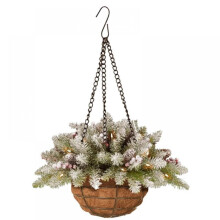 Panier suspendu de Noël artificiel, décoré de pommes de pin givrées, de grappes de baies et de guirlandes lumineuses LED blanches, décorations