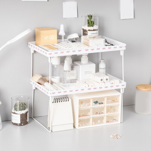 Expandable Stacking Cabinet Shelf Rack, S/M/L Sizes, Folding & Stackable Counter Organizer, Compatible with Kitchen, Pantry, White