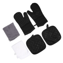 2Sets Black Heat Resistant Oven Mittens and Anti-Scalding Towels Set