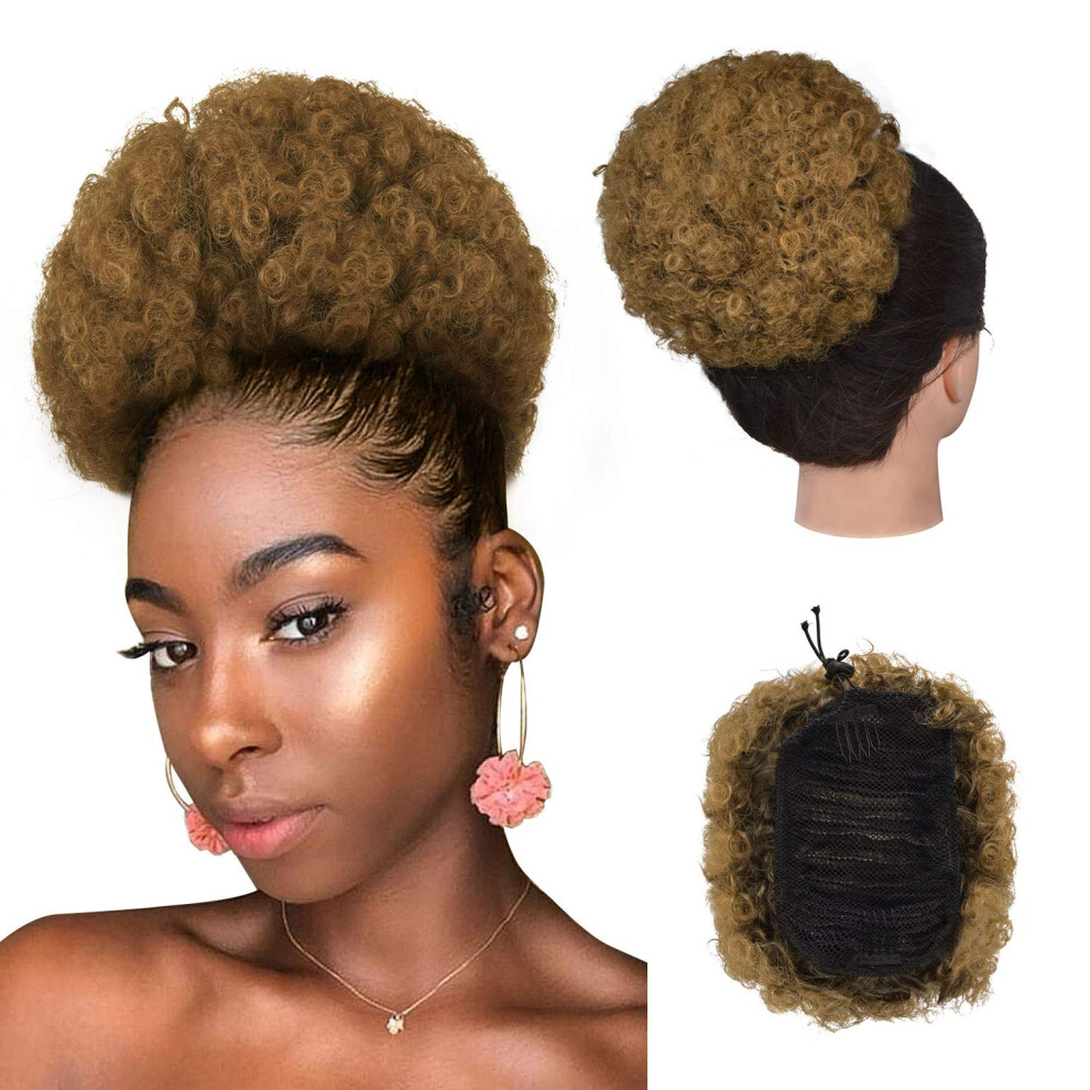 Unisex Black Afro Puff Drawstring Ponytail For Women, Heat Resistant Kinky Curly Hairpiece 1B/27
