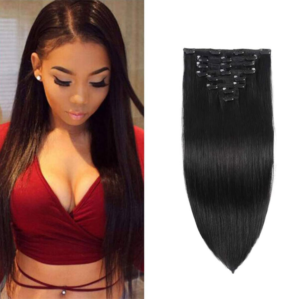 Unisex Black 16 Inch Human Hair Clip In Extensions 1B Natural Virgin Straight Hair For Instant Length And Volume