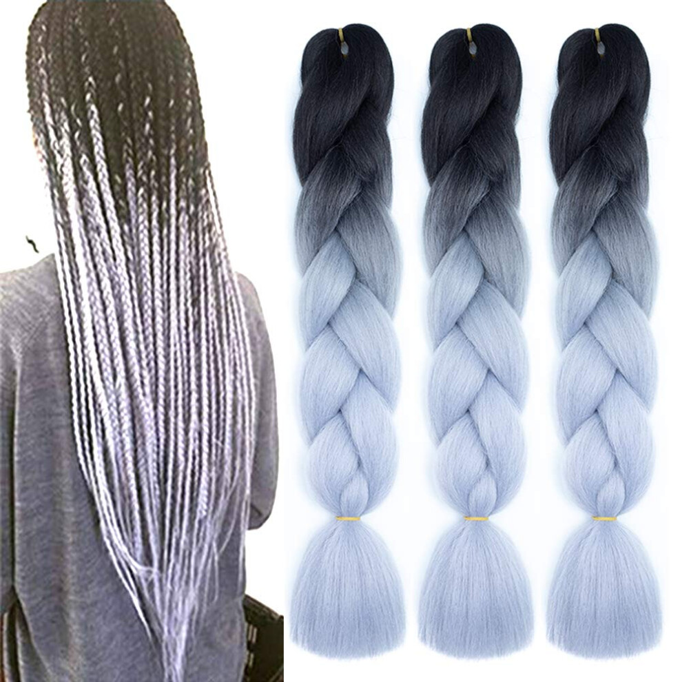 Unisex Black,Silver Braiding Hair Extensions 24 Inch Ombre Synthetic Jumbo Braids Soft Yaki Texture Black To Silver Gray