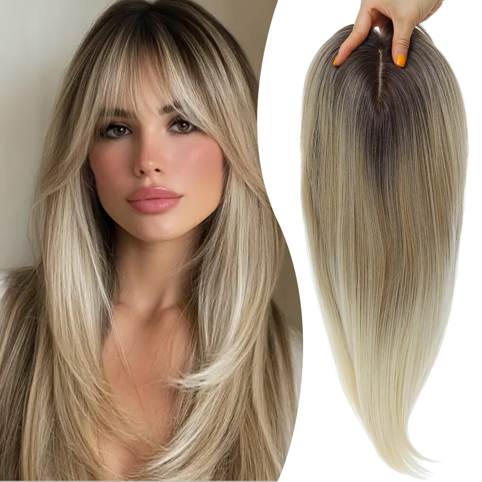 Unisex Synthetic Hair Topper With Bangs 18 Inch Layered Wiglet For Women Thinning Hair Ash Blonde Mix