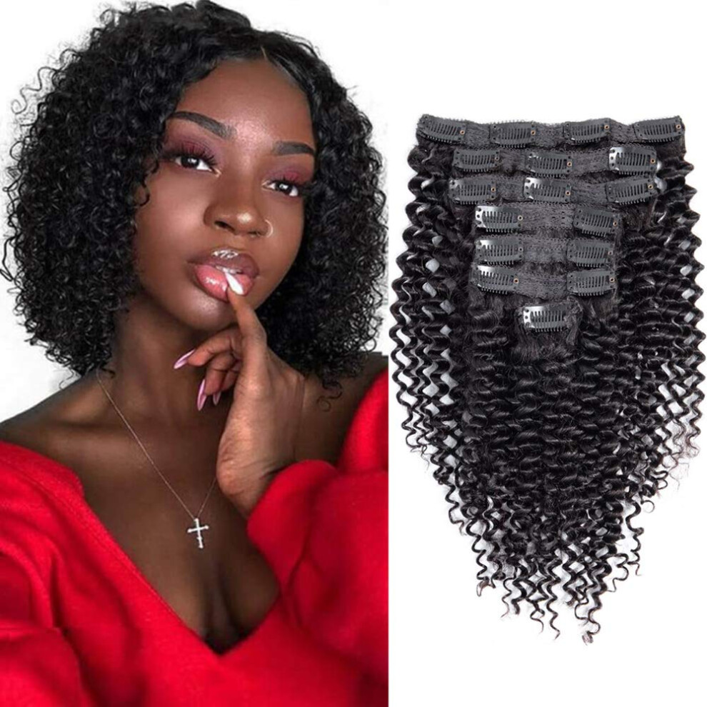 Unisex Black Kinky Curly Clip In Hair Extensions Brazilian Remy Human Hair For Women 3C 4A Double Weft 10'